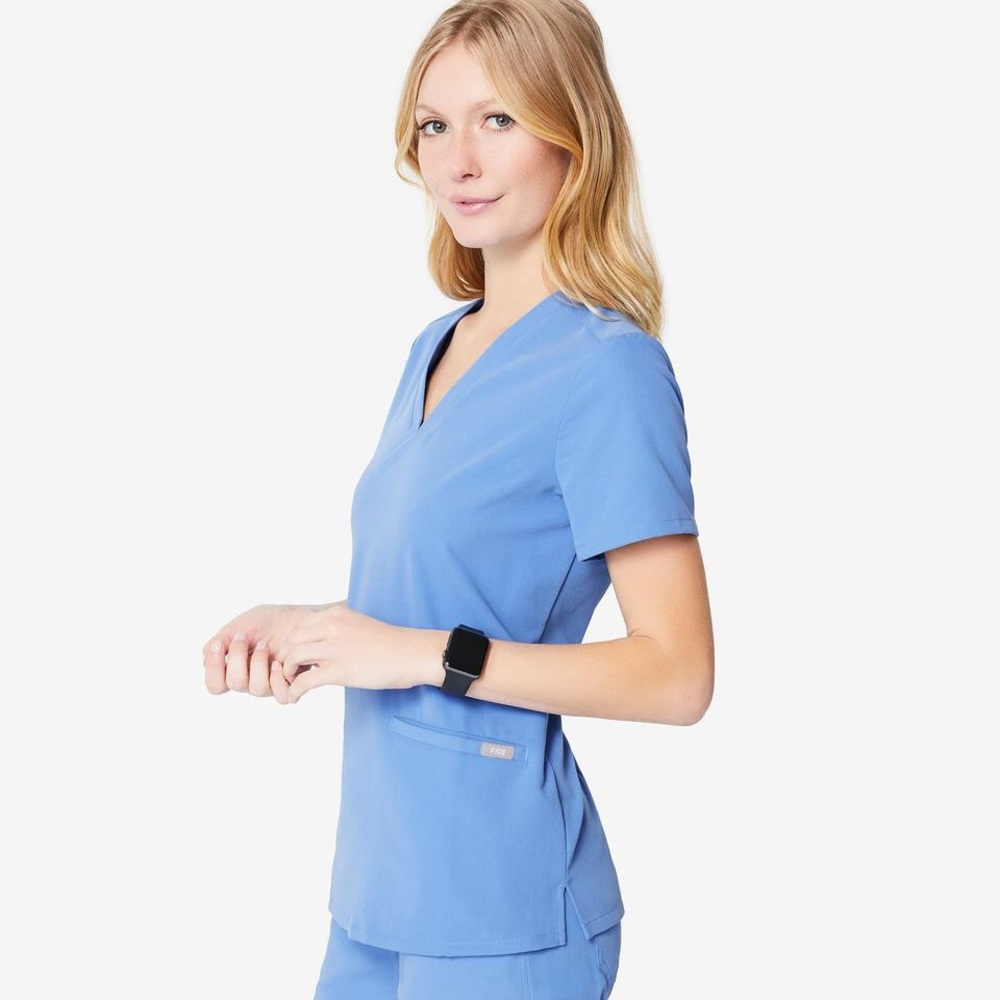 Figs Casma Three Pocket Top. XS. Ceil Blue